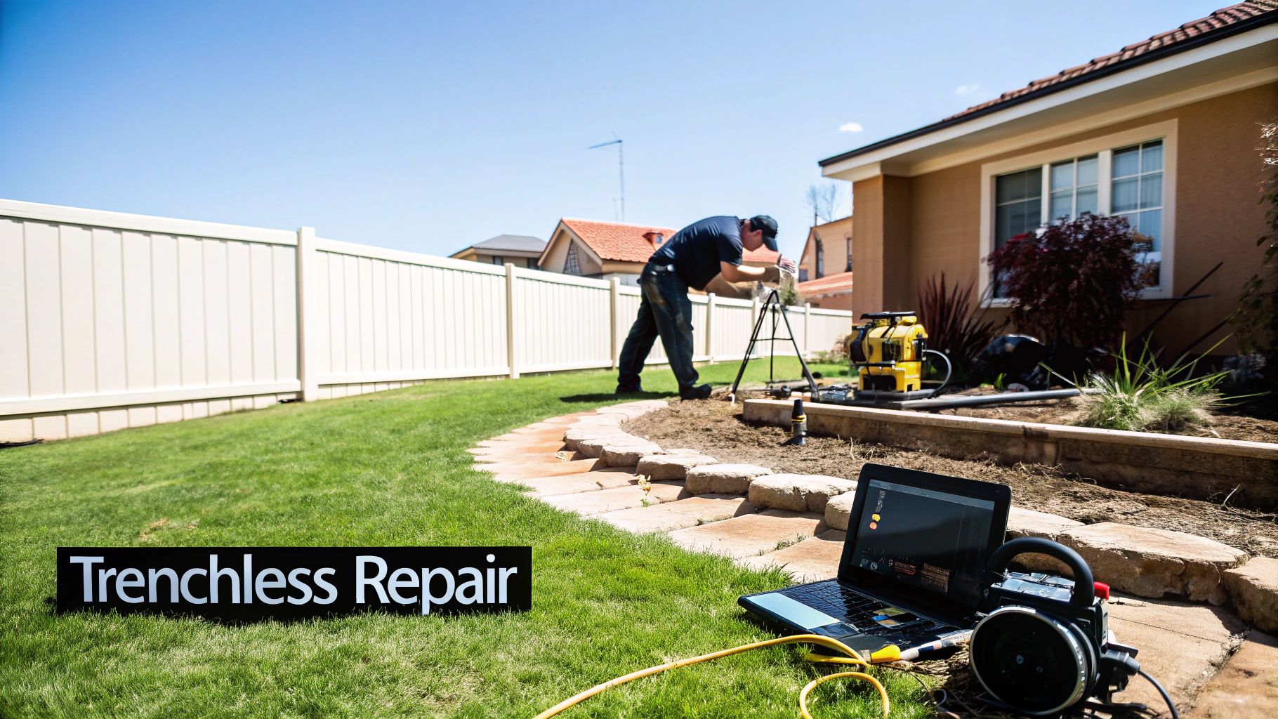 A technician uses specialized equipment for trenchless pipe repair in a residential backyard.