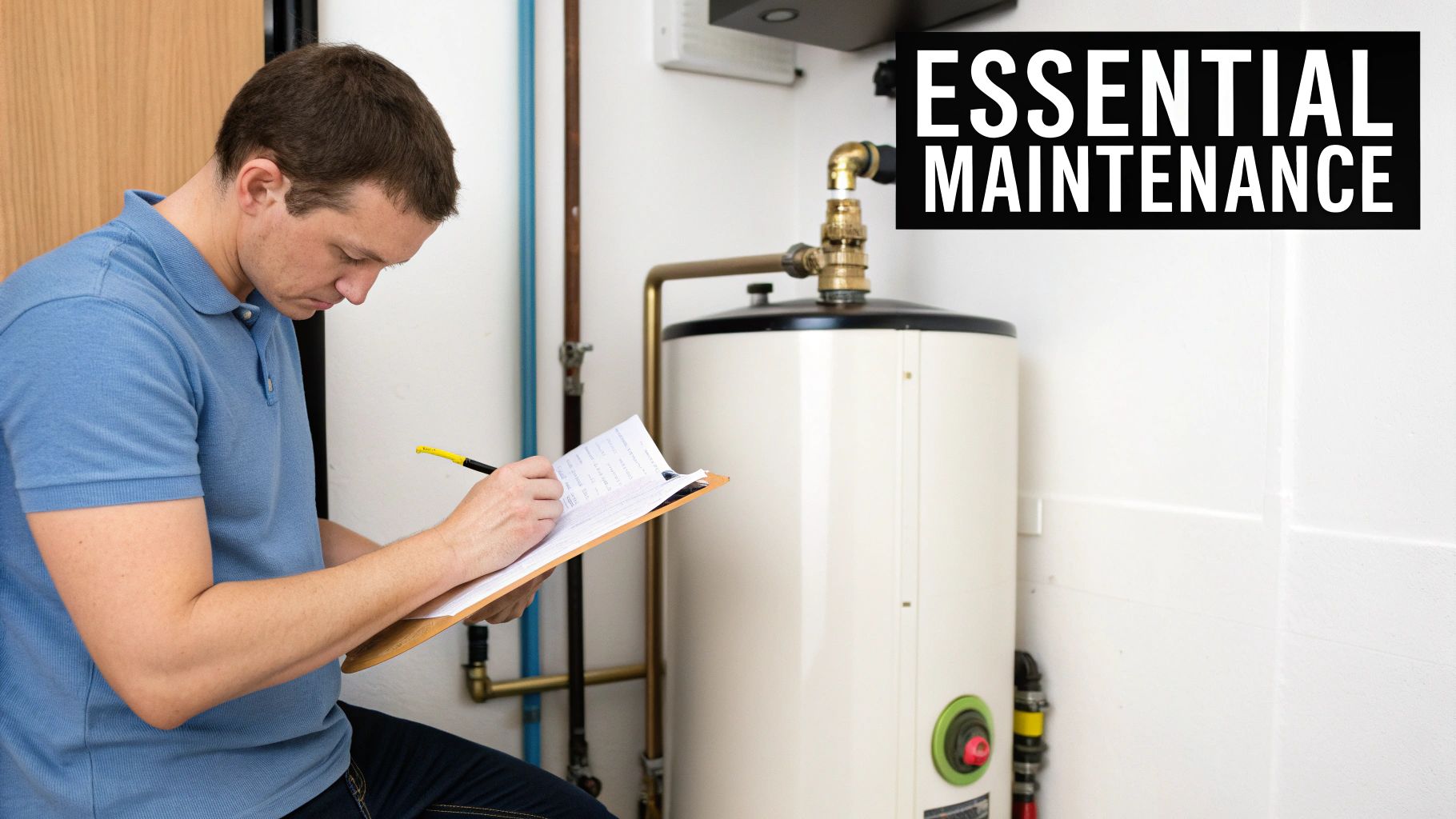 A technician inspects a hot water tank, writing notes on a clipboard during essential maintenance.