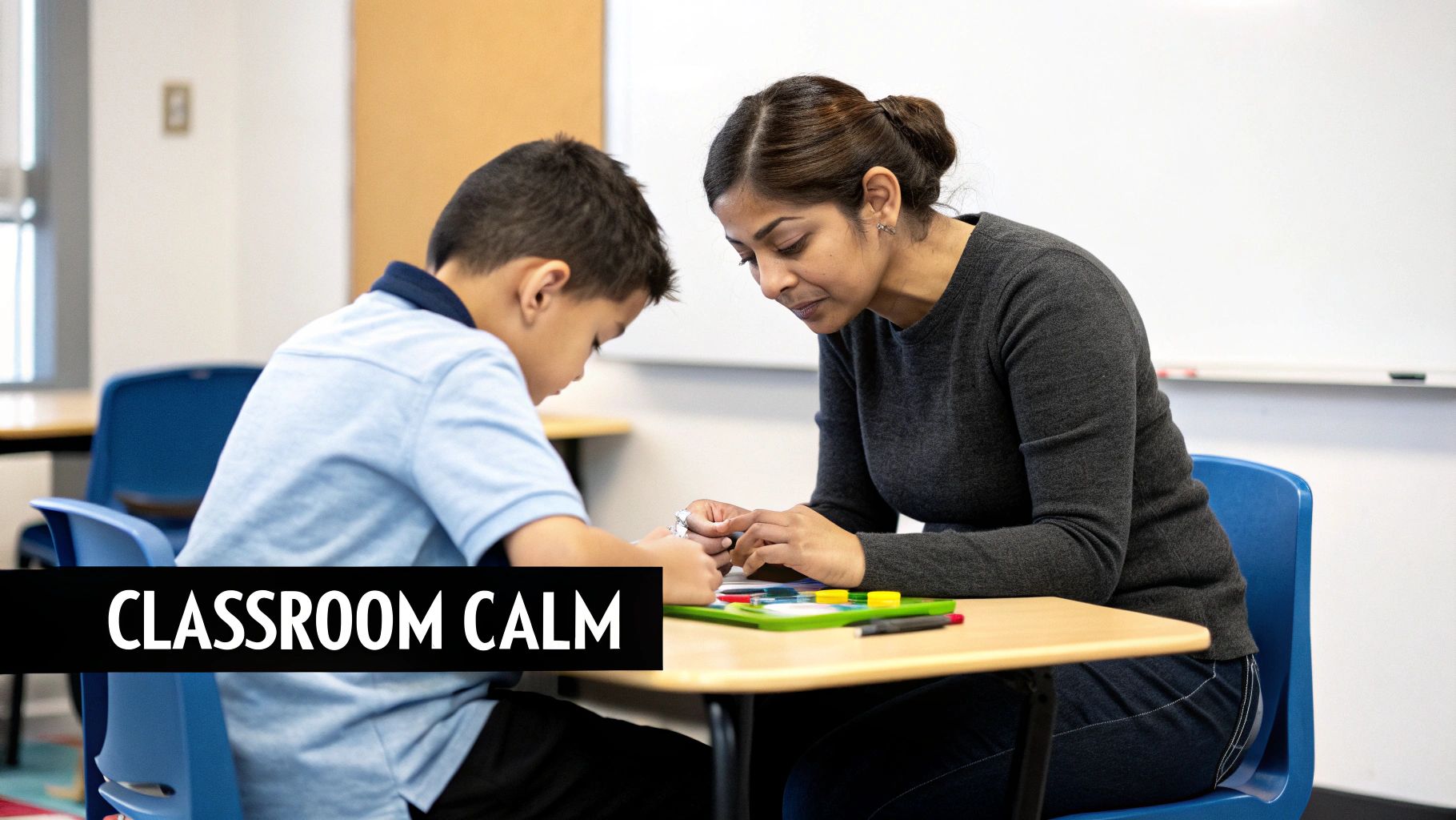 A teacher helps a student with a hands-on activity, promoting calm and focus in the classroom.