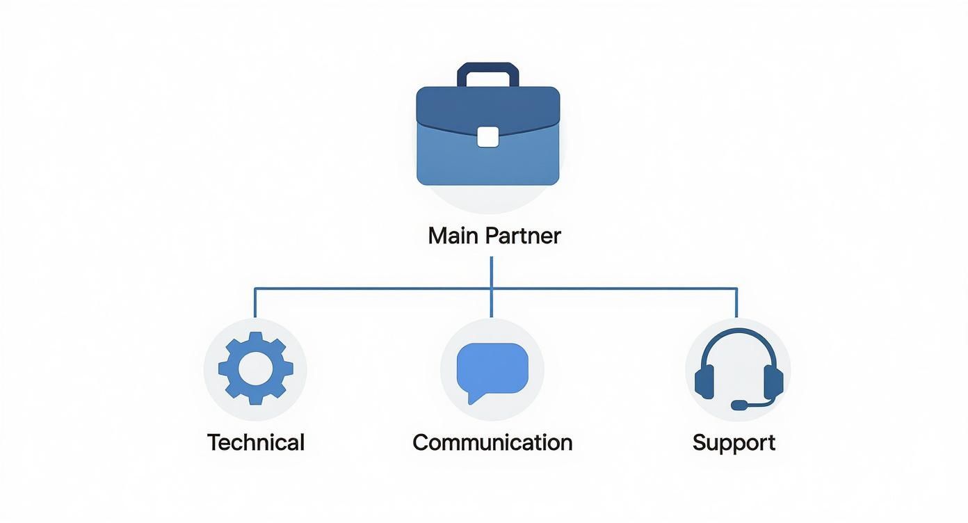 Business partnership hierarchy diagram showing main partner overseeing technical communication and support services