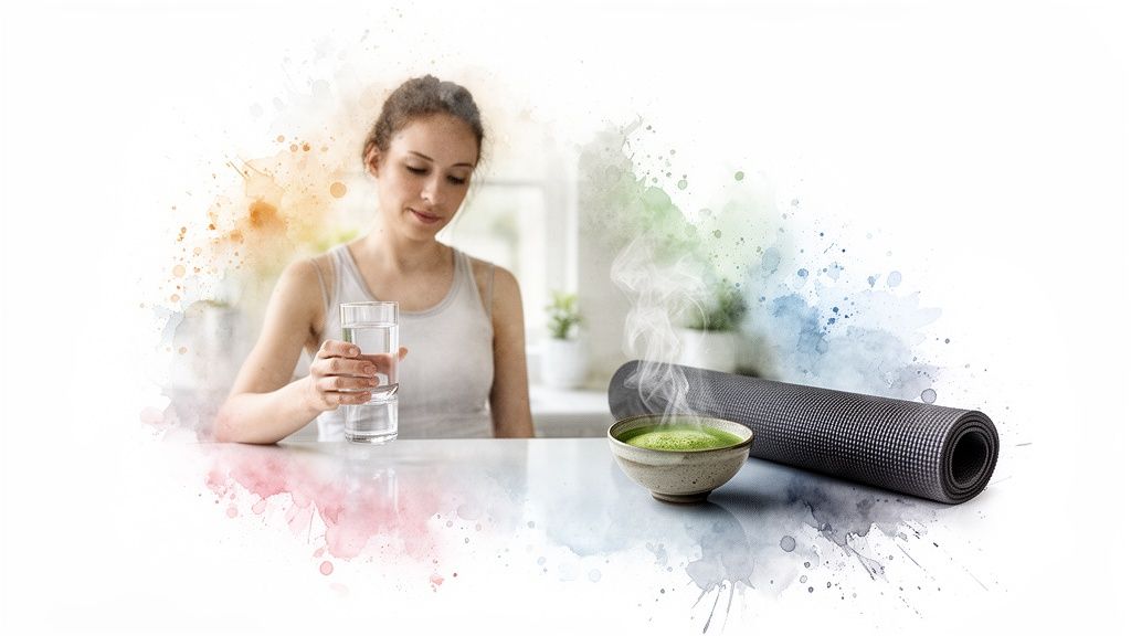 A woman holding a glass of water, with steaming matcha tea and a yoga mat, representing wellness.