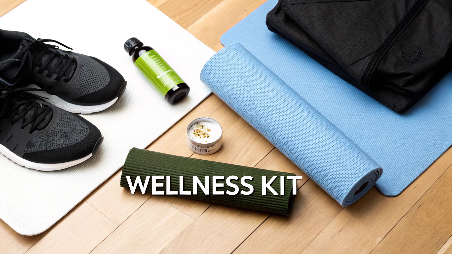 A wellness kit featuring running shoes, green bottle, candle, and yoga mats on a wooden floor.