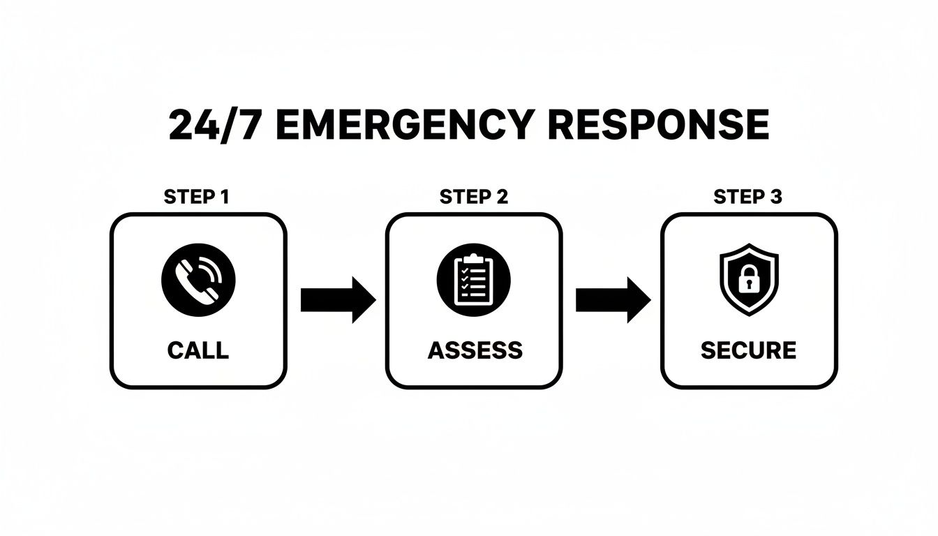 Infographic outlining a 3-step 24/7 emergency response process: call, assess, and secure.