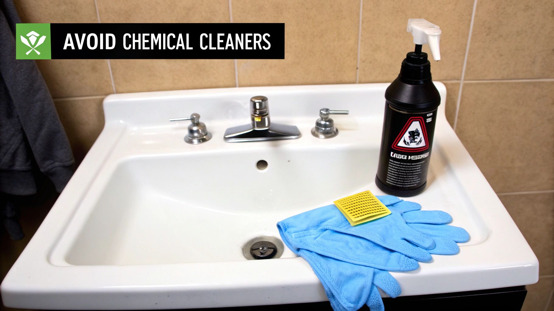 Blue rubber gloves and cleaning supplies on white bathroom sink avoiding harsh chemical cleaners