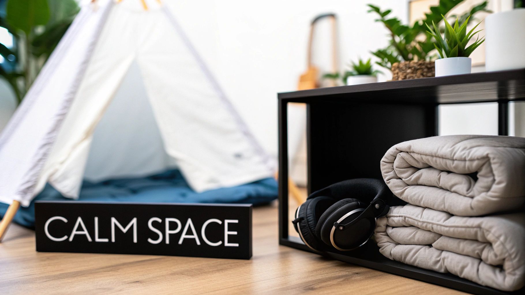 Organized calm space with headphones, folded blankets, tent and plants for sensory relaxation