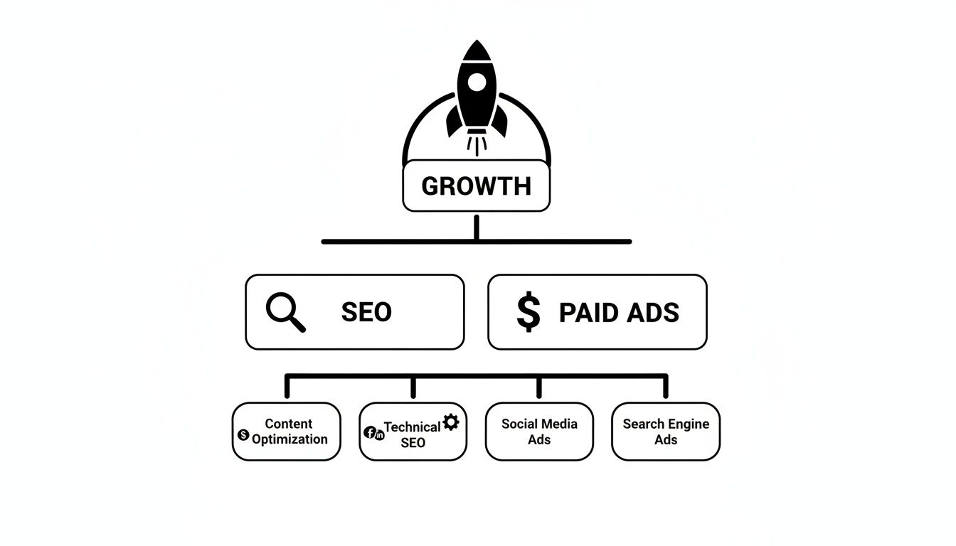 A diagram illustrating digital marketing growth strategies, showing SEO and Paid Ads with their sub-categories.