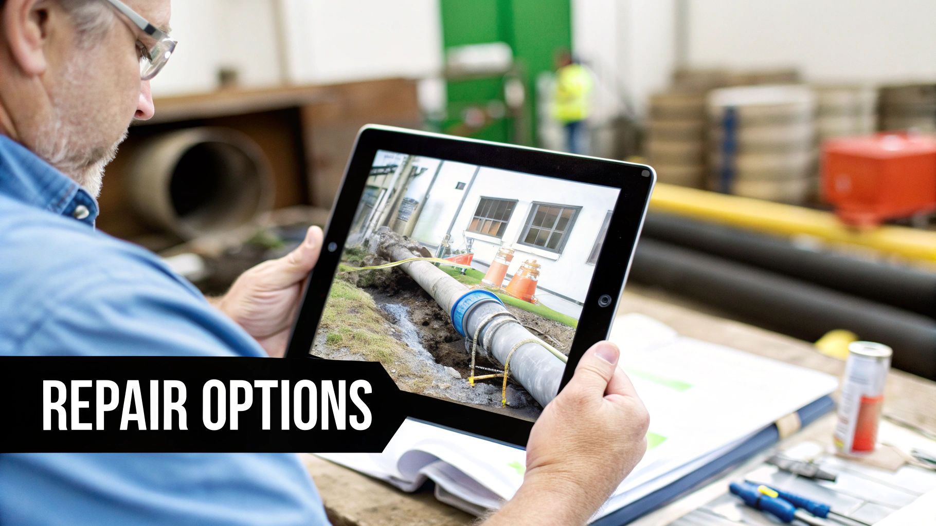 A man holds a tablet displaying a damaged drainage pipe in a trench, considering repair options.