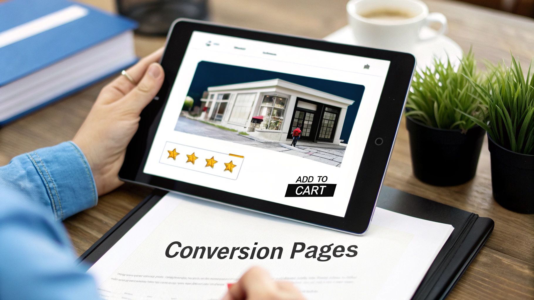 Person viewing an e-commerce product page with ratings and 'Add to Cart' button on a tablet, focusing on conversion.