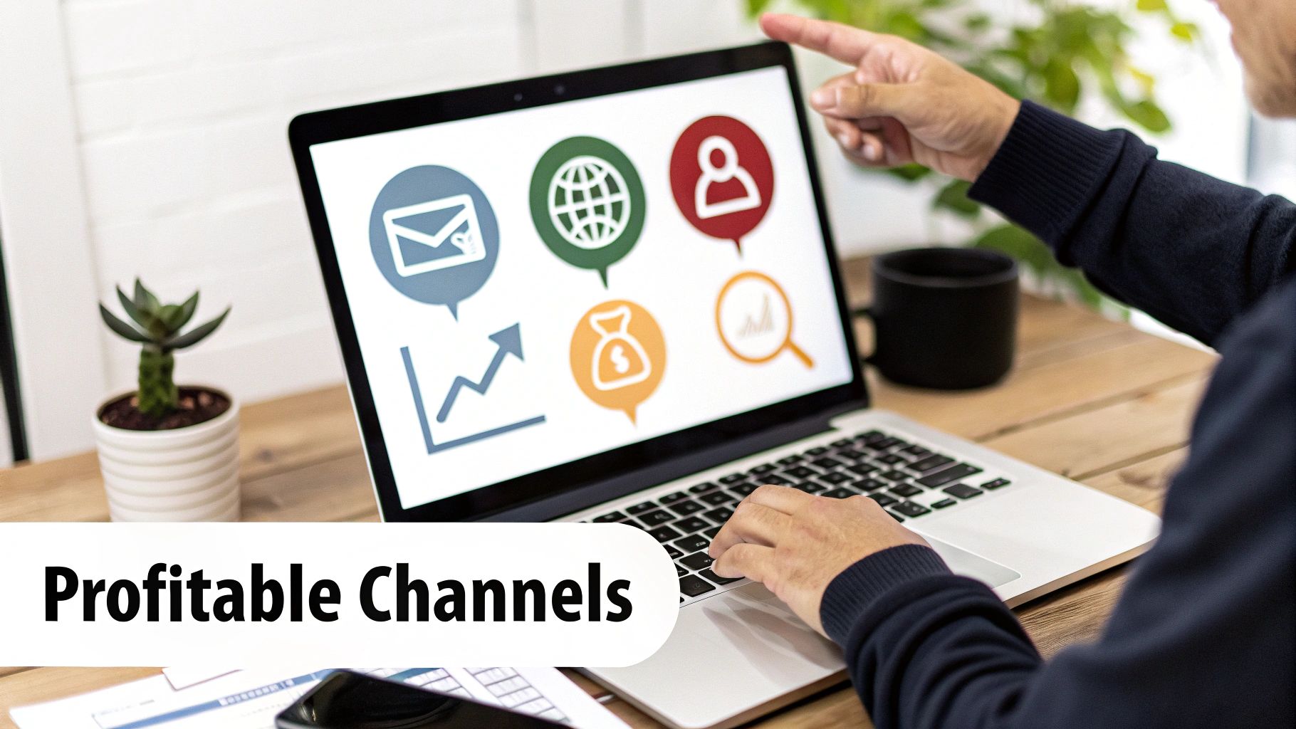 A person points at a laptop screen displaying icons for profitable business and marketing channels.