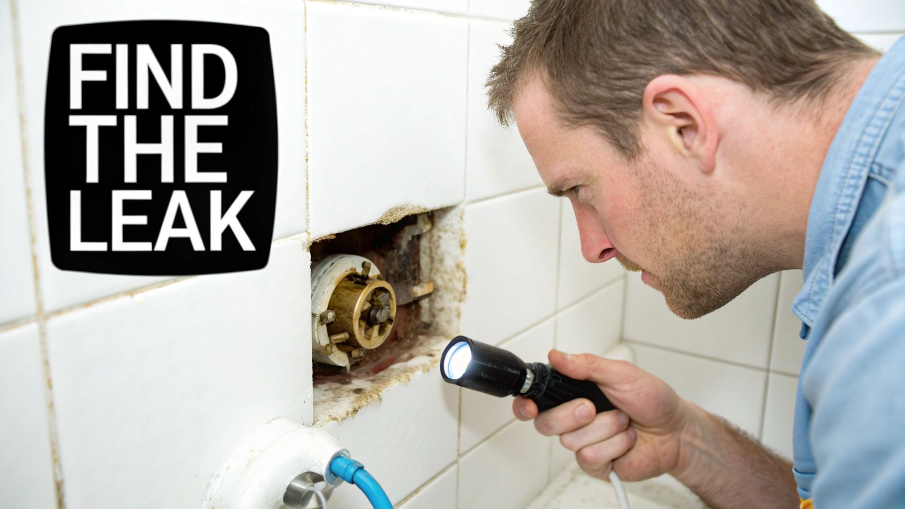 A man with a flashlight inspecting a water leak in a tiled wall, looking for the source.