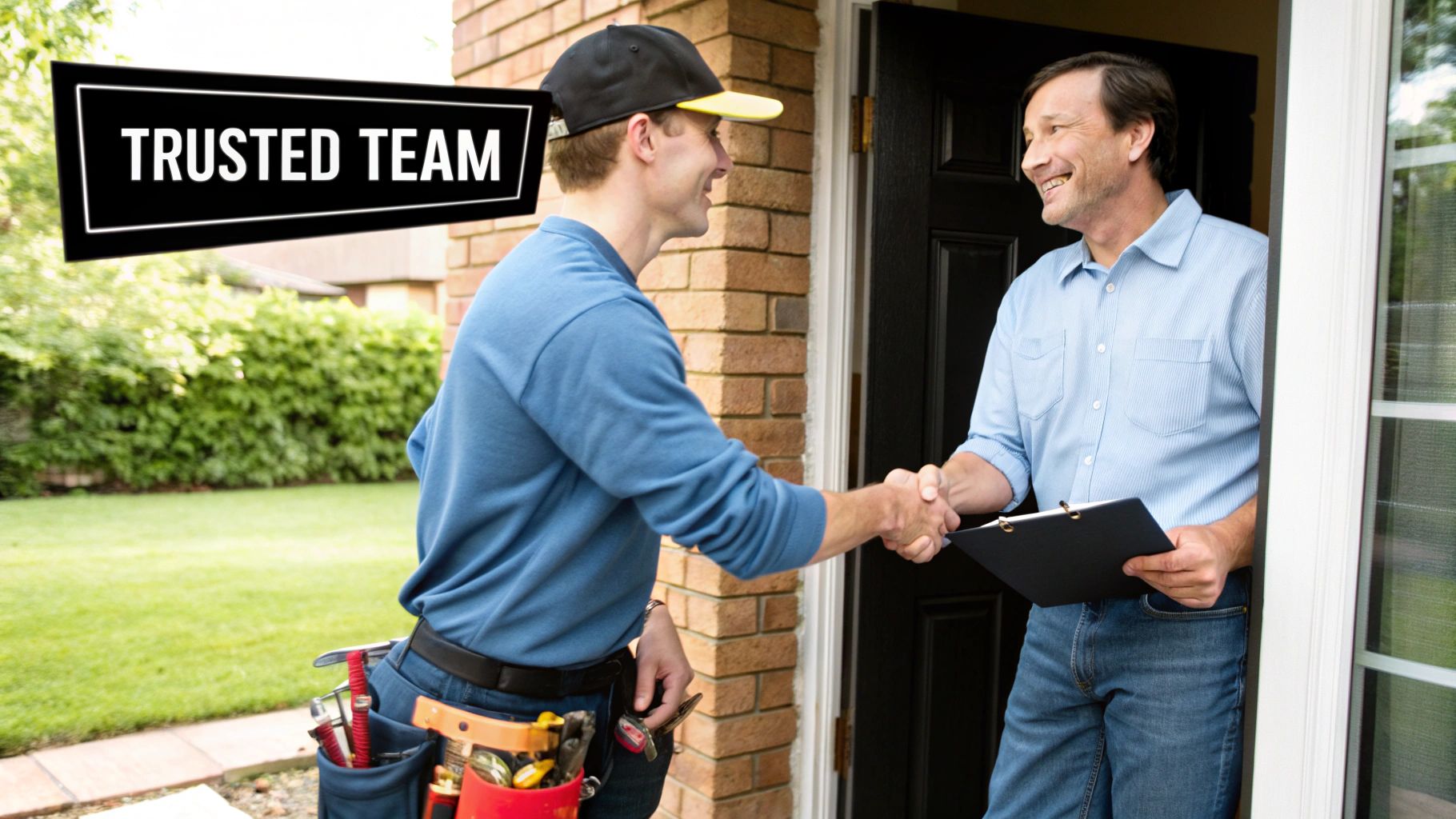 A technician from a trusted team shakes hands with a smiling homeowner at the door.