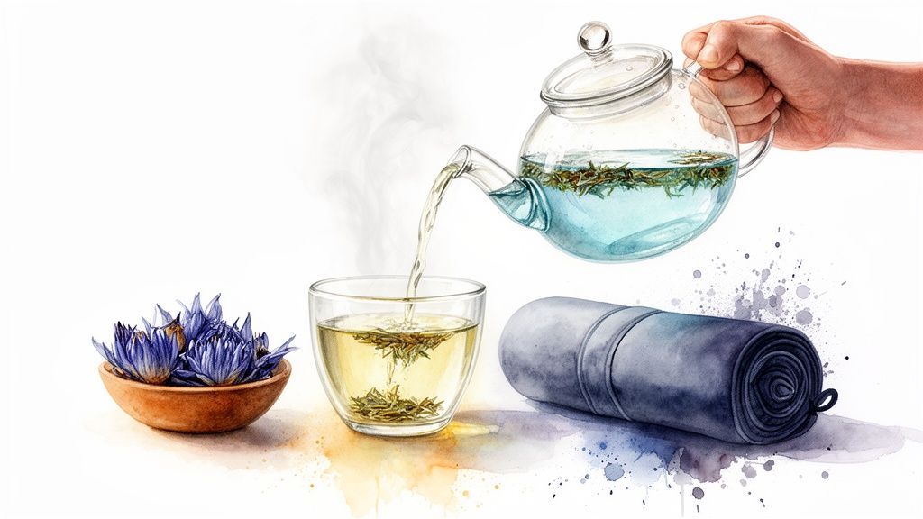 A watercolor illustration of a hand pouring blue lotus tea into a glass cup, with flowers and a mat.