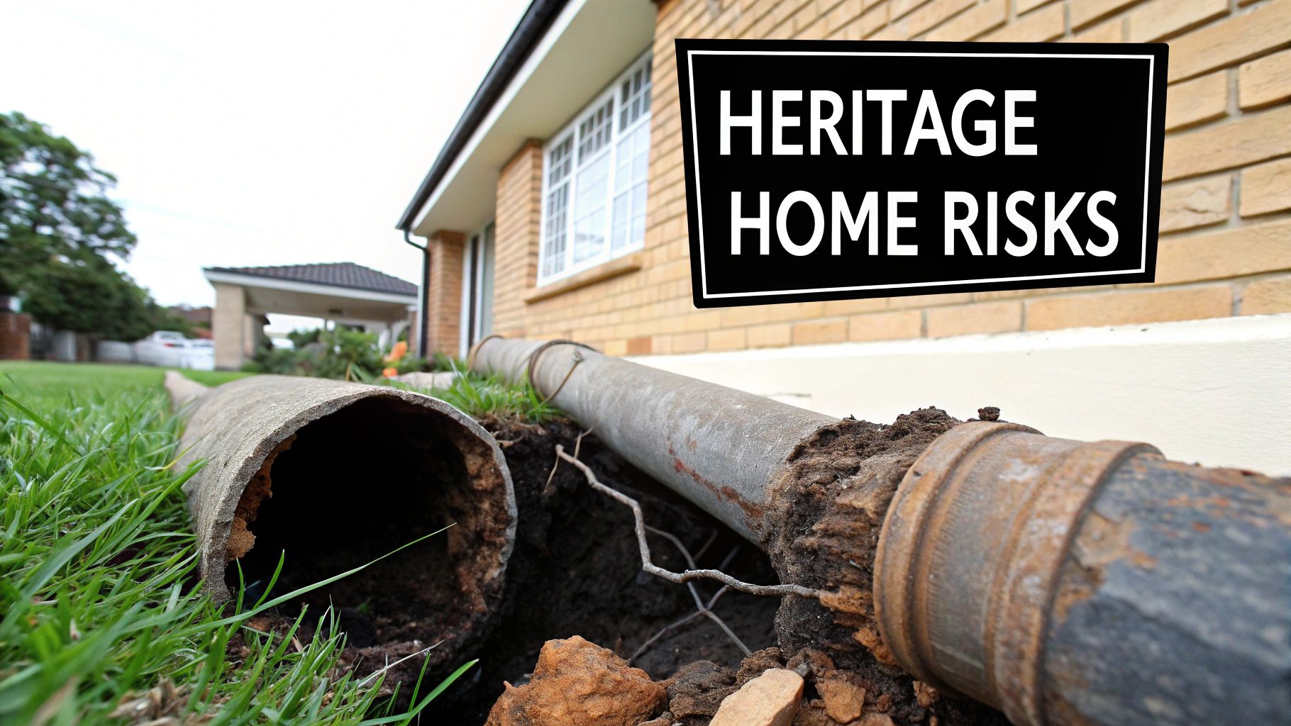 Corroded, broken pipe exposed in a muddy trench next to a brick heritage home, highlighting plumbing risks.