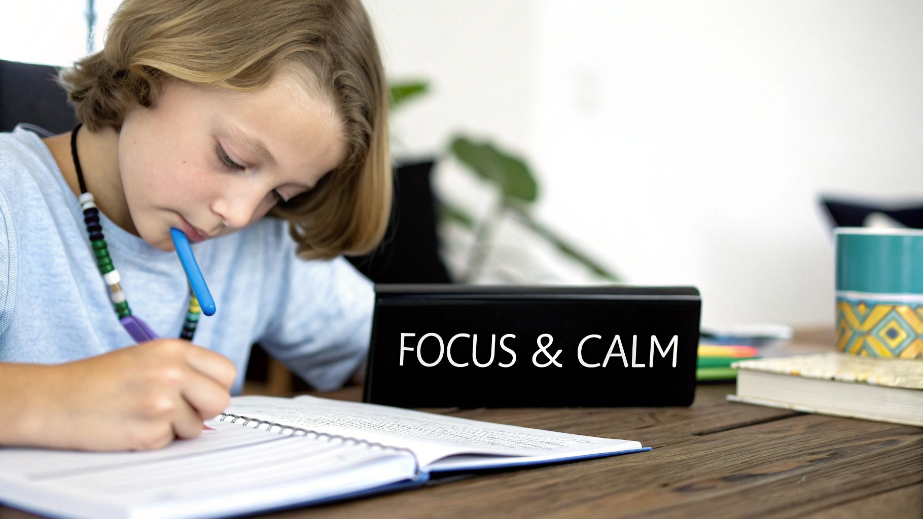 A child writing in a notebook, using a blue sensory chew necklace for focus and calm.
