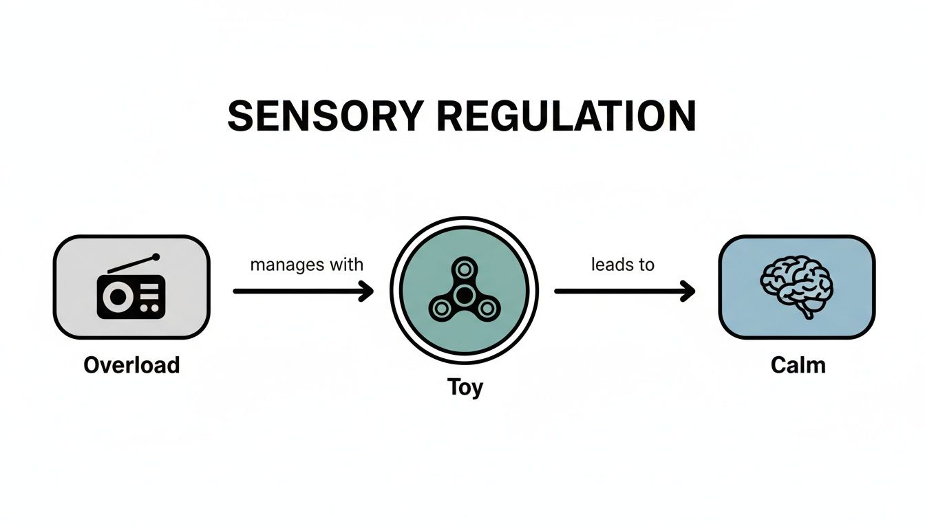 Diagram showing how sensory overload can be managed with a toy, leading to calm.