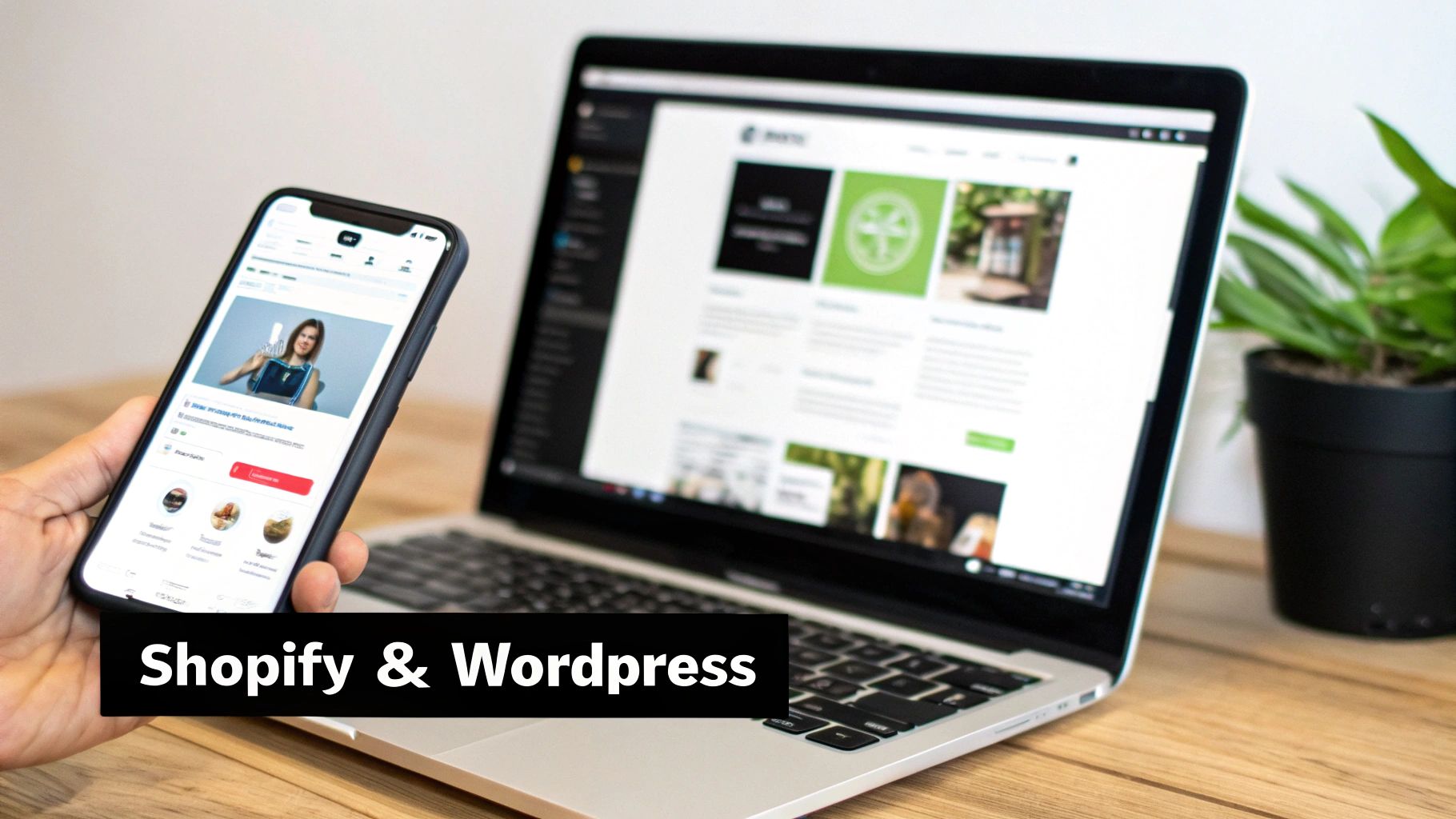 A hand holding a smartphone displaying a mobile app, with a laptop showing a website, promoting Shopify and WordPress.