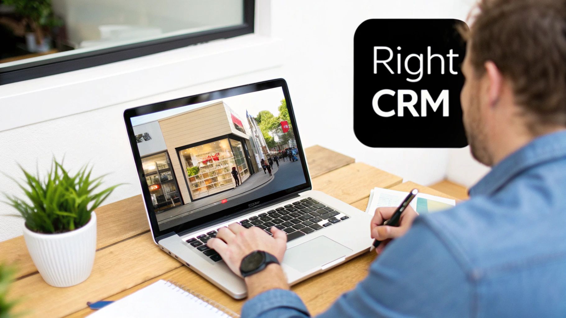 Business professional using laptop to research and select the right CRM software solution