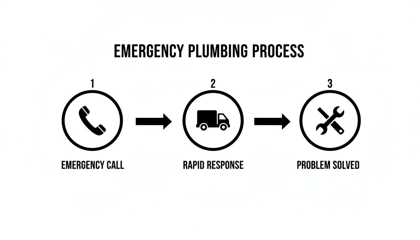 An infographic illustrating the 3-step emergency plumbing process: call, rapid response, and problem solved.