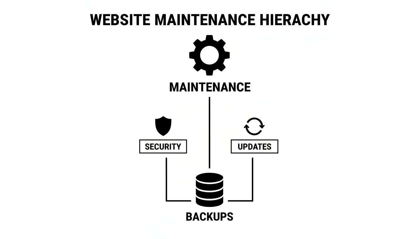 A visual hierarchy of website maintenance showing security, updates, and underlying backups.