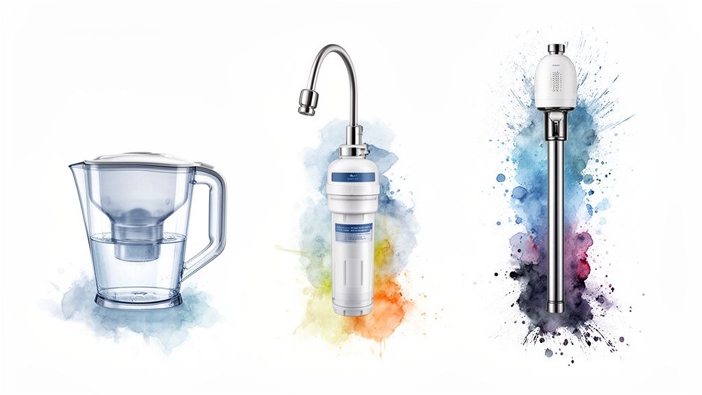 Three water filters: a pitcher, a faucet filter, and a tall inline system, on watercolor backgrounds.