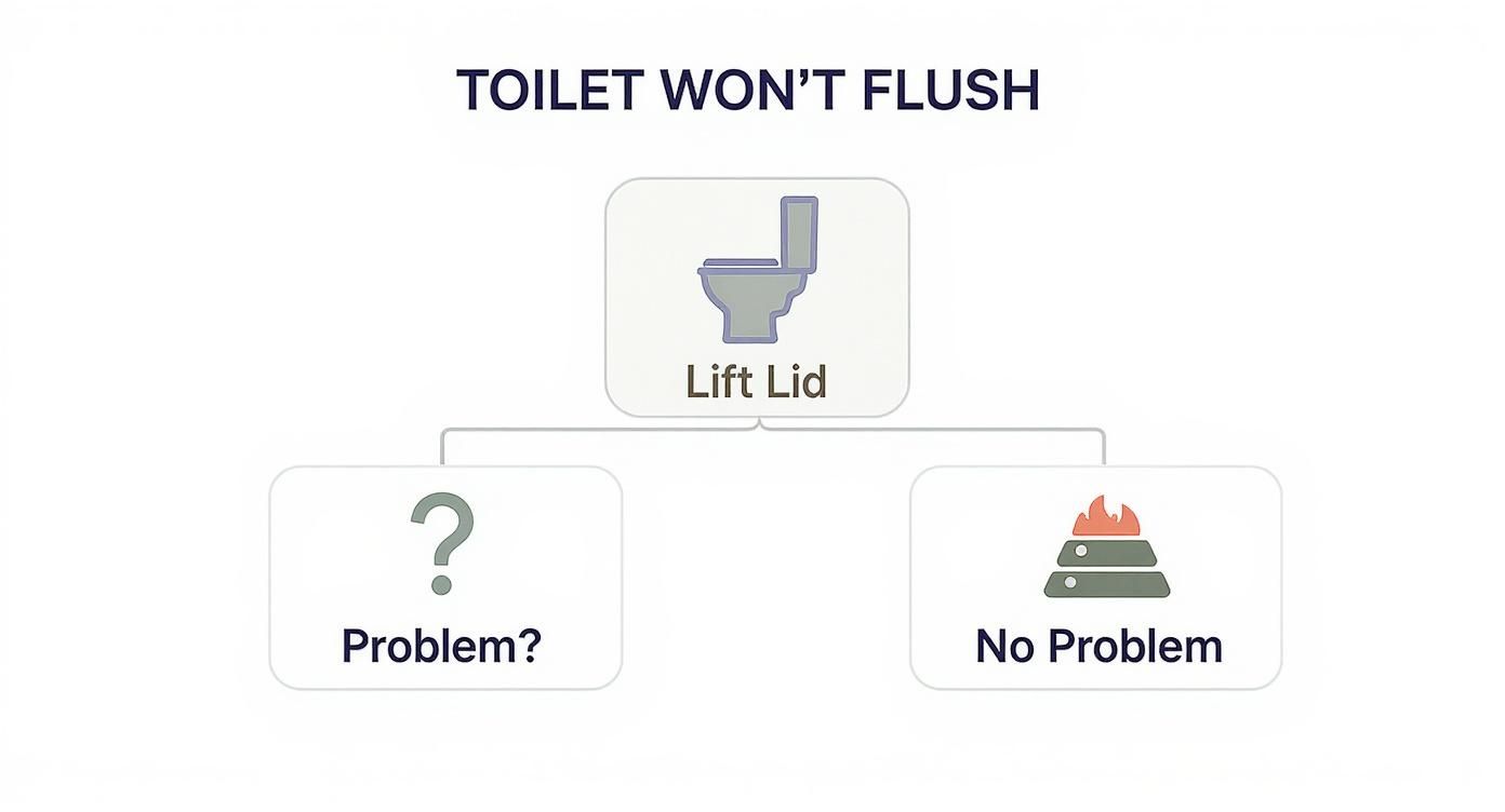 A humorous flowchart troubleshooting a toilet that won't flush, suggesting to lift the lid.