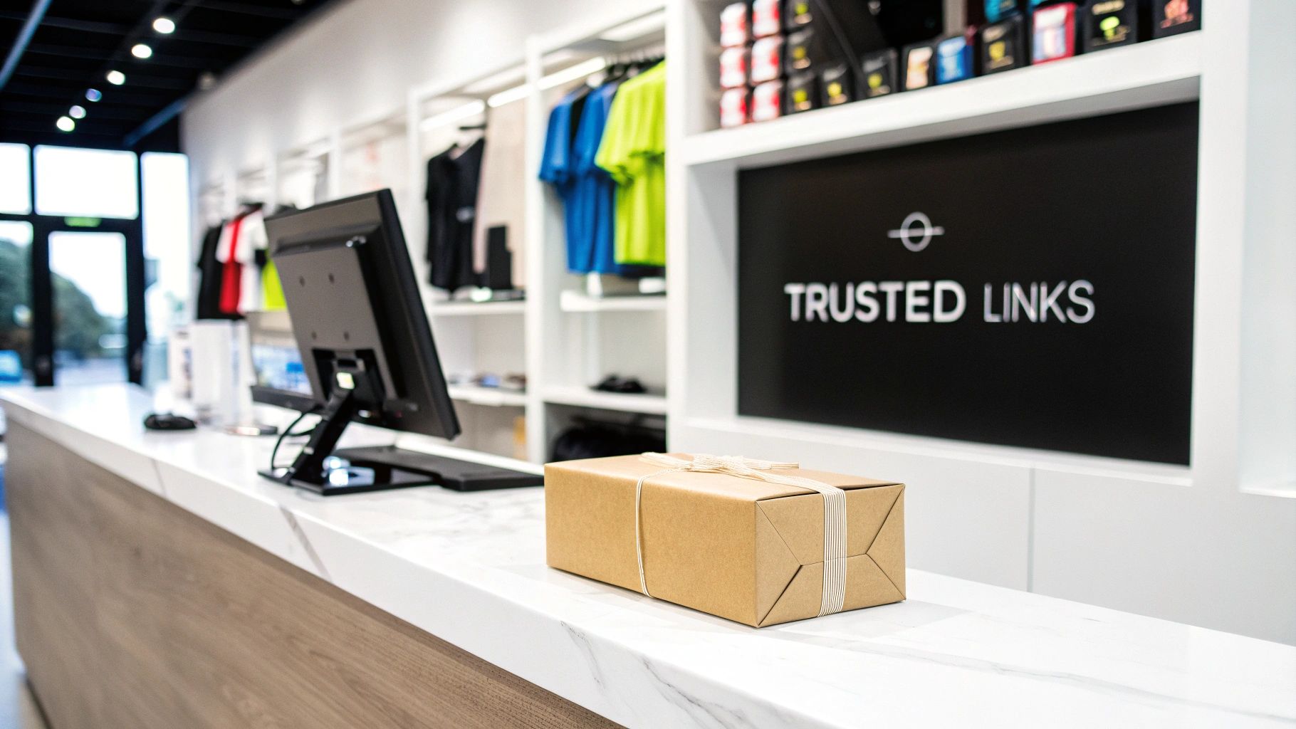 A brown paper package tied with string rests on a white marble counter in a modern retail store. A "TRUSTED LINKS" sign is visible in the background.