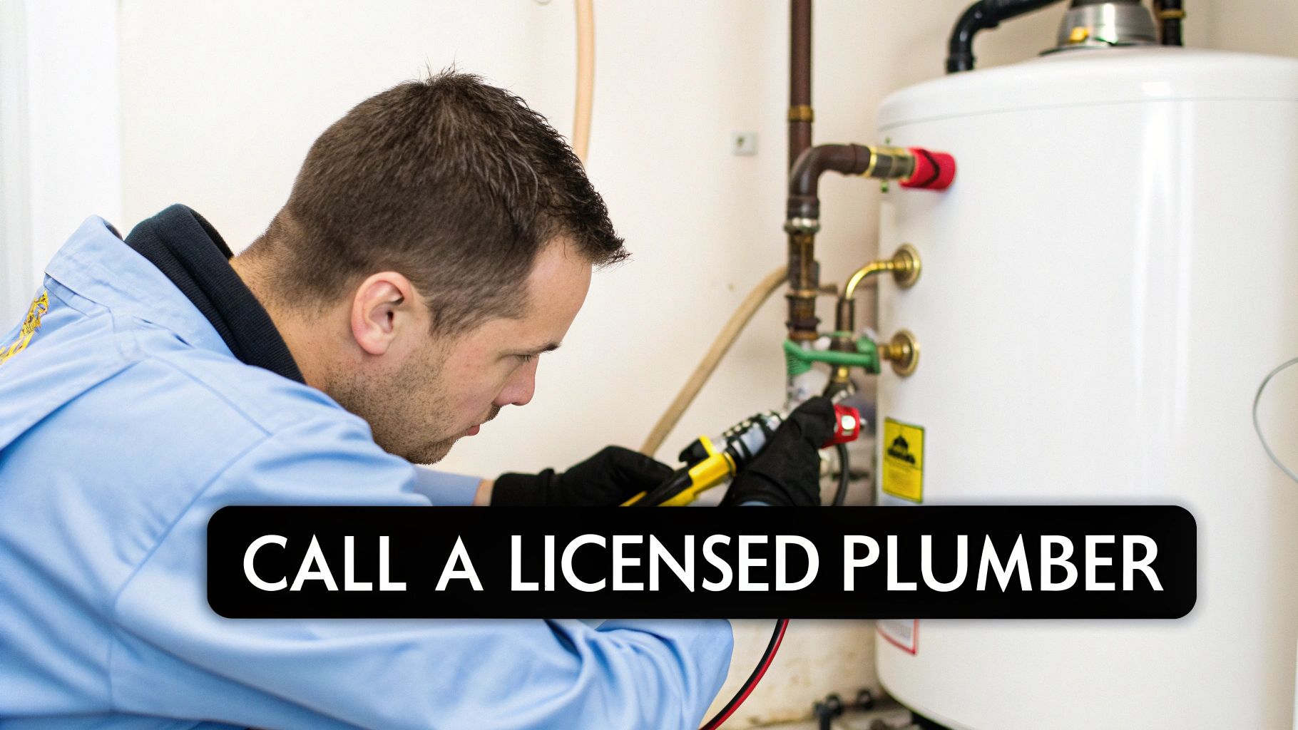 A licensed plumber in a blue uniform and black gloves works on a white hot water heater system.