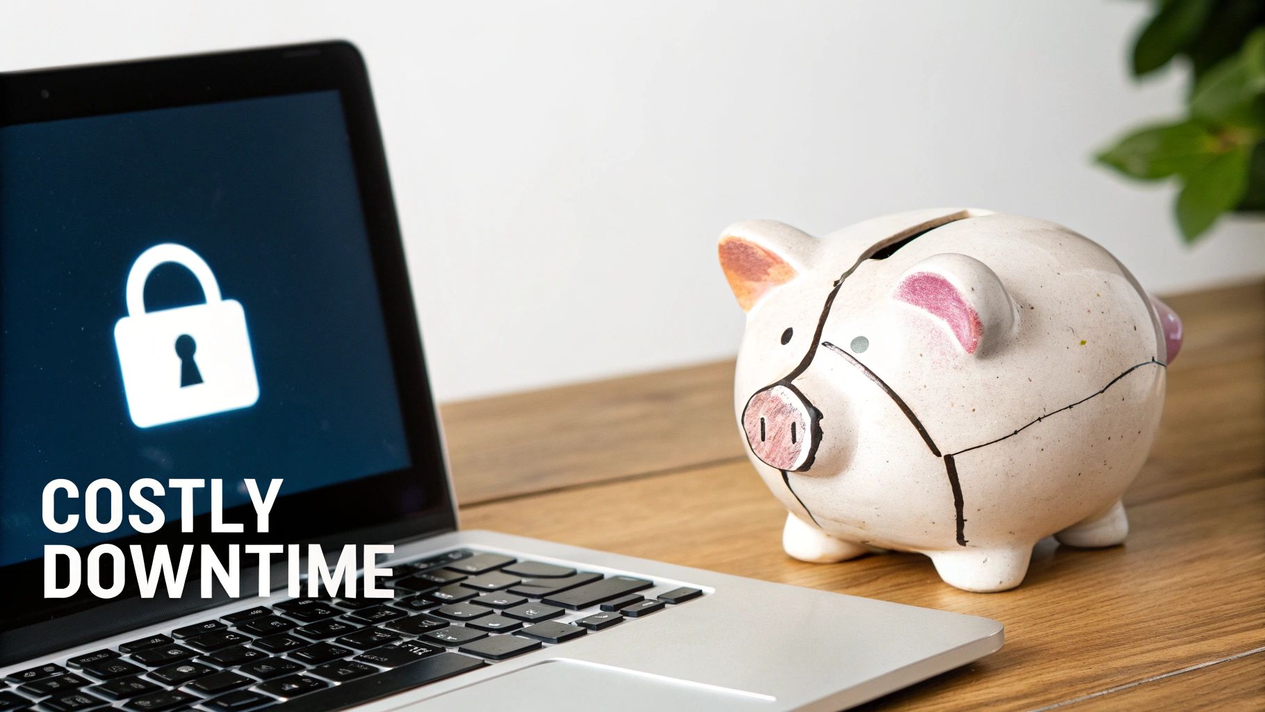 A laptop screen shows a padlock and 'COSTLY DOWNTIME' text, next to a cracked piggy bank.