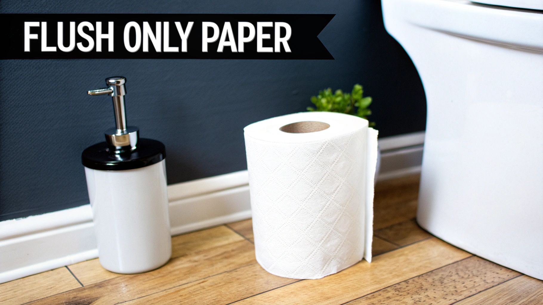 A roll of toilet paper and a soap dispenser on a wooden floor next to a toilet, with a 'Flush Only Paper' sign.