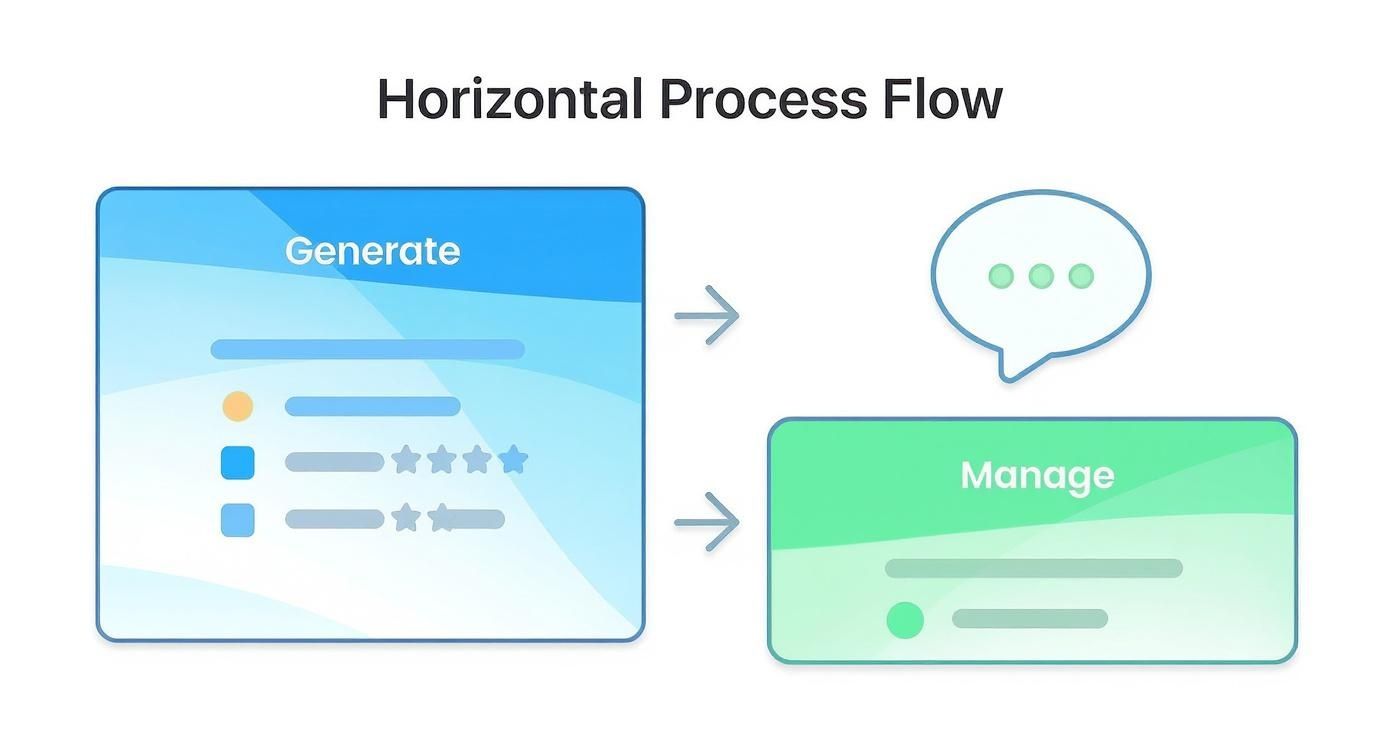 Infographic showing a two-step process flow for customer reviews, moving from a 'Generate' step with a star icon to a 'Manage' step with a speech bubble icon.