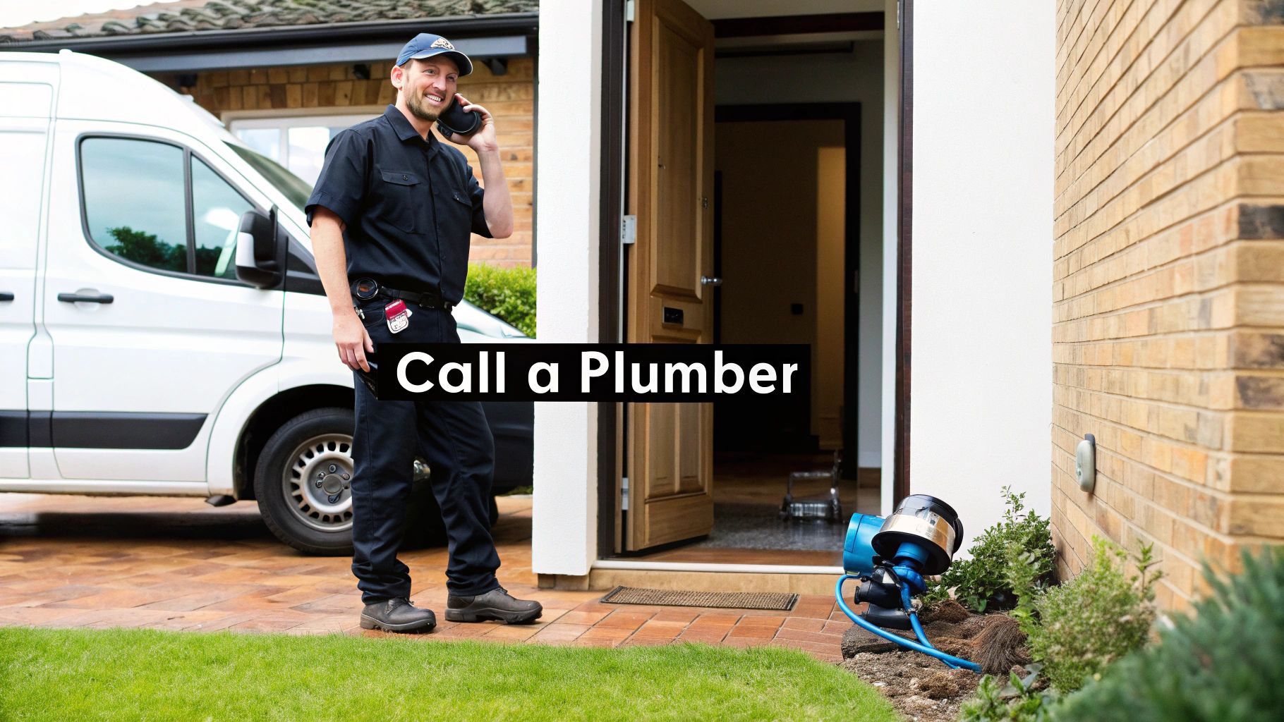 Professional plumber in uniform talking on phone outside residential home with service van and equipment