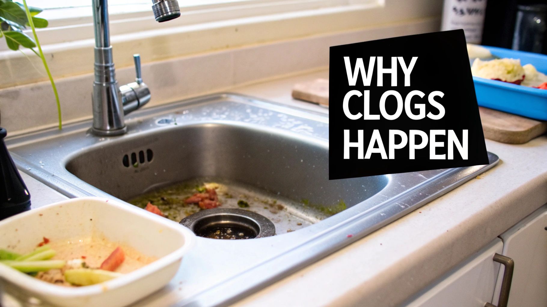 A dirty kitchen sink filled with various food scraps, indicating potential clogs and mess.