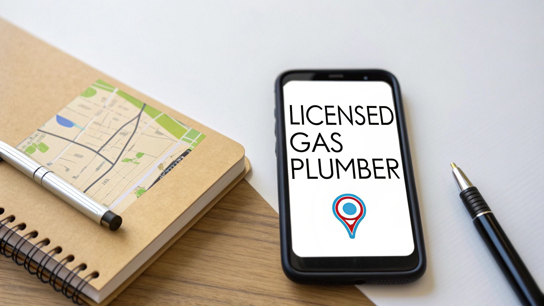 A smartphone displaying 'LICENSED GAS PLUMBER' and a map icon, beside a notebook with a map and pens.