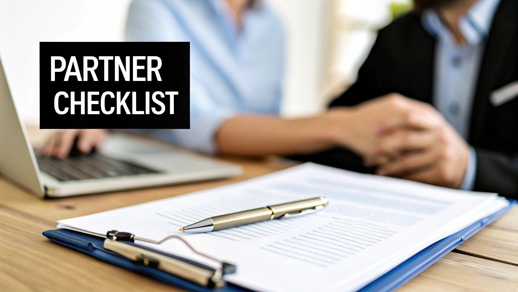 A 'PARTNER CHECKLIST' text overlay on an image of people working on documents and a laptop.