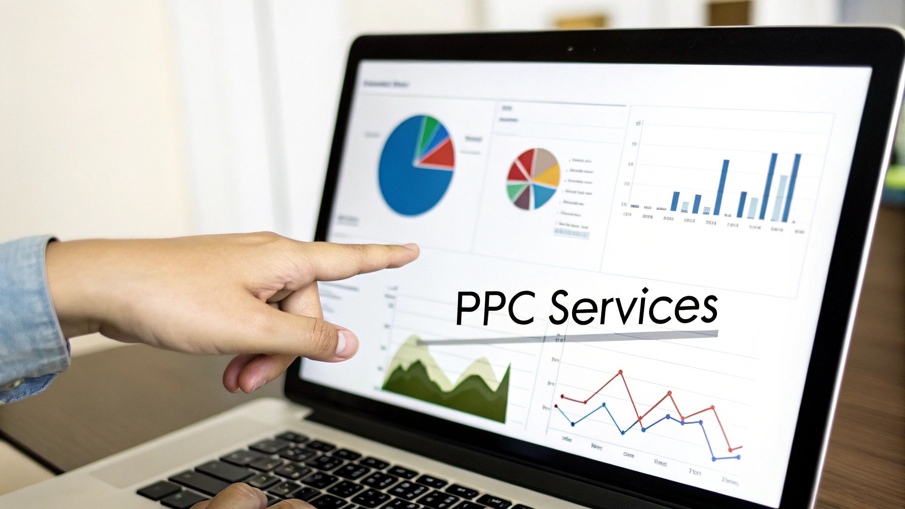 A person's hand points to a laptop screen displaying 'PPC Services' with various data charts.