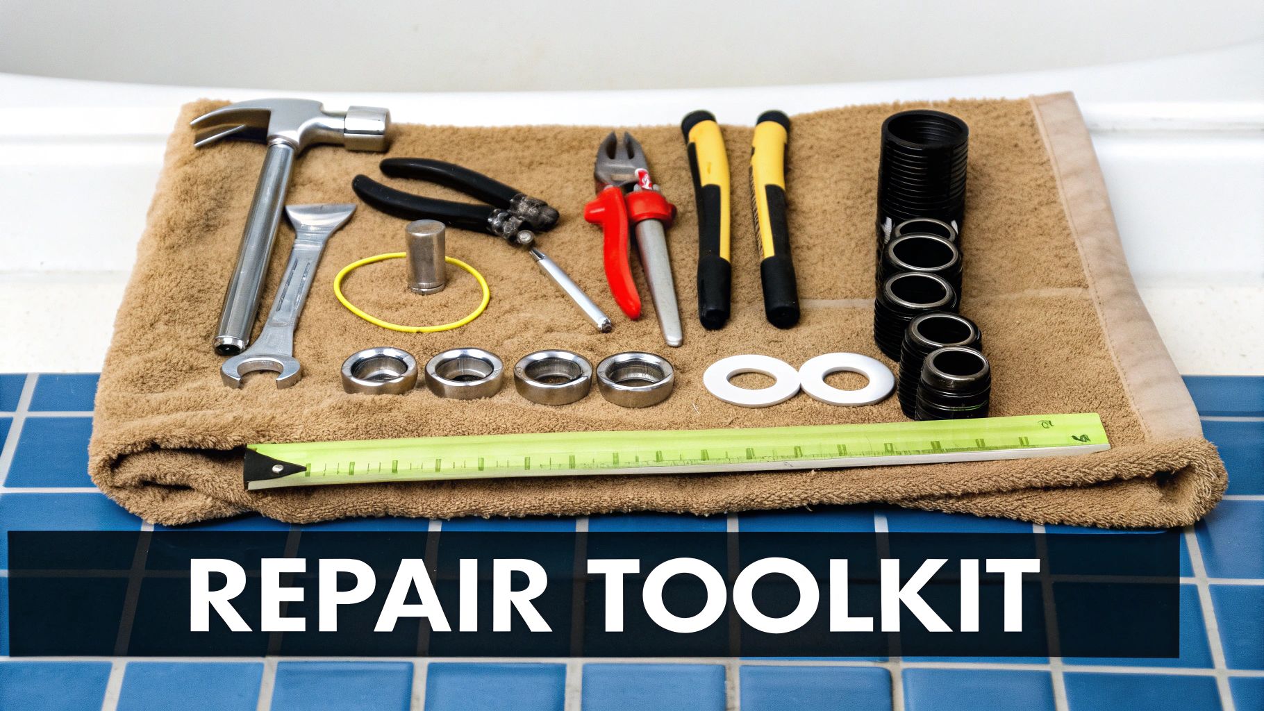 A comprehensive toolkit for repairs, including a hammer, wrenches, pliers, and various plumbing parts, neatly arranged on a brown towel.