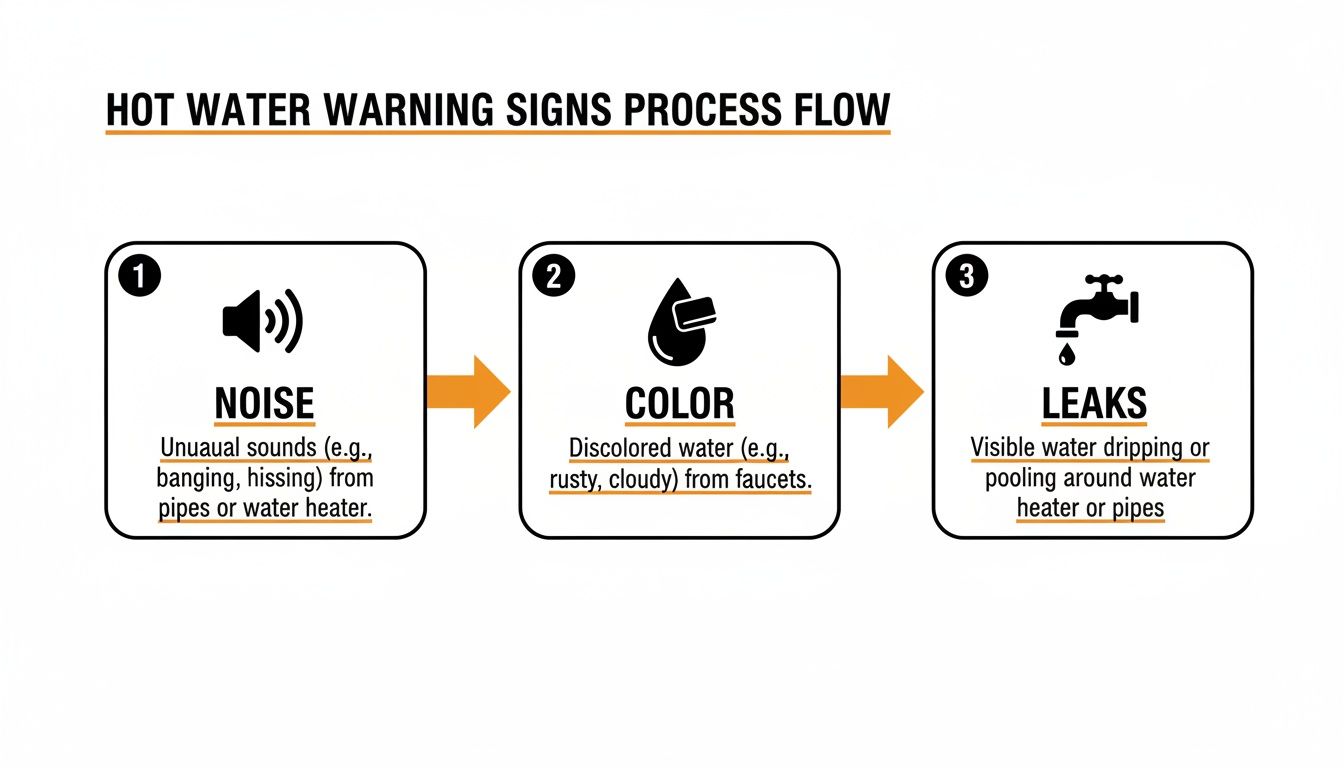 Process flow diagram showing three hot water warning signs: noise, water color changes, and leaks.