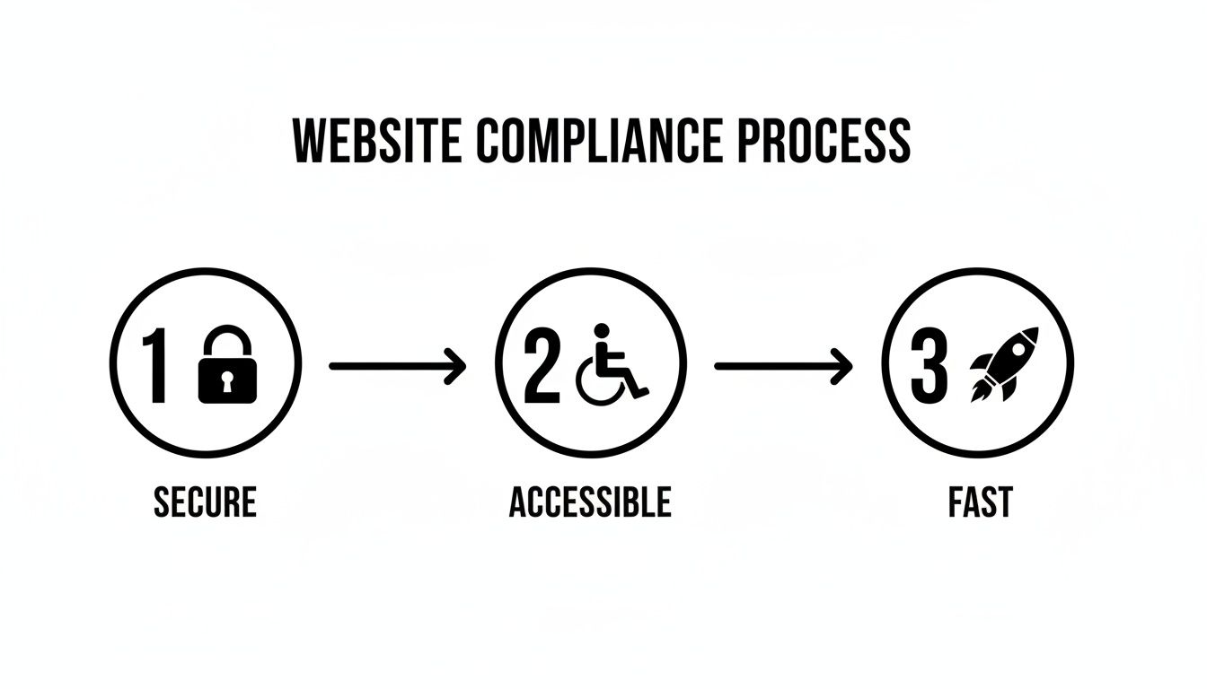 Infographic showing a three-step website compliance process: secure, accessible, and fast.