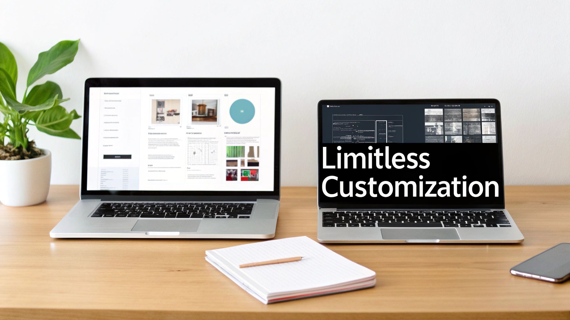Two laptops on a wooden desk with a plant and notebook, displaying web content and 'Limitless Customization'.