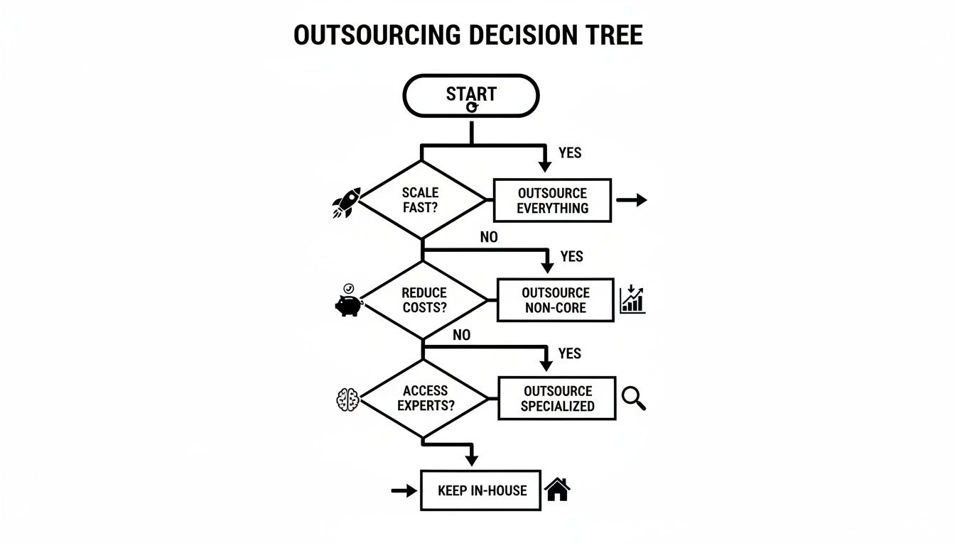 Flowchart illustrating an outsourcing decision tree based on needs like scaling, cost reduction, and expert access.