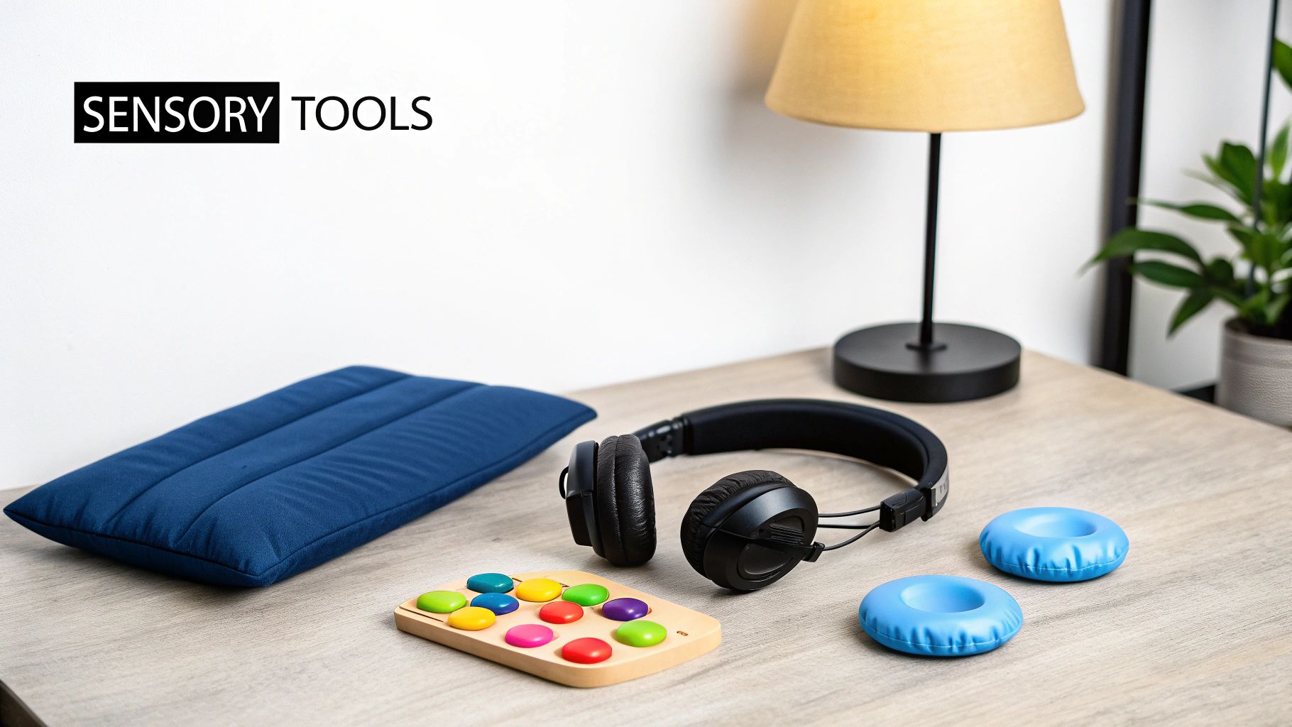 A collection of sensory tools on a wooden table, including a weighted lap pad, headphones, and fidget toys.