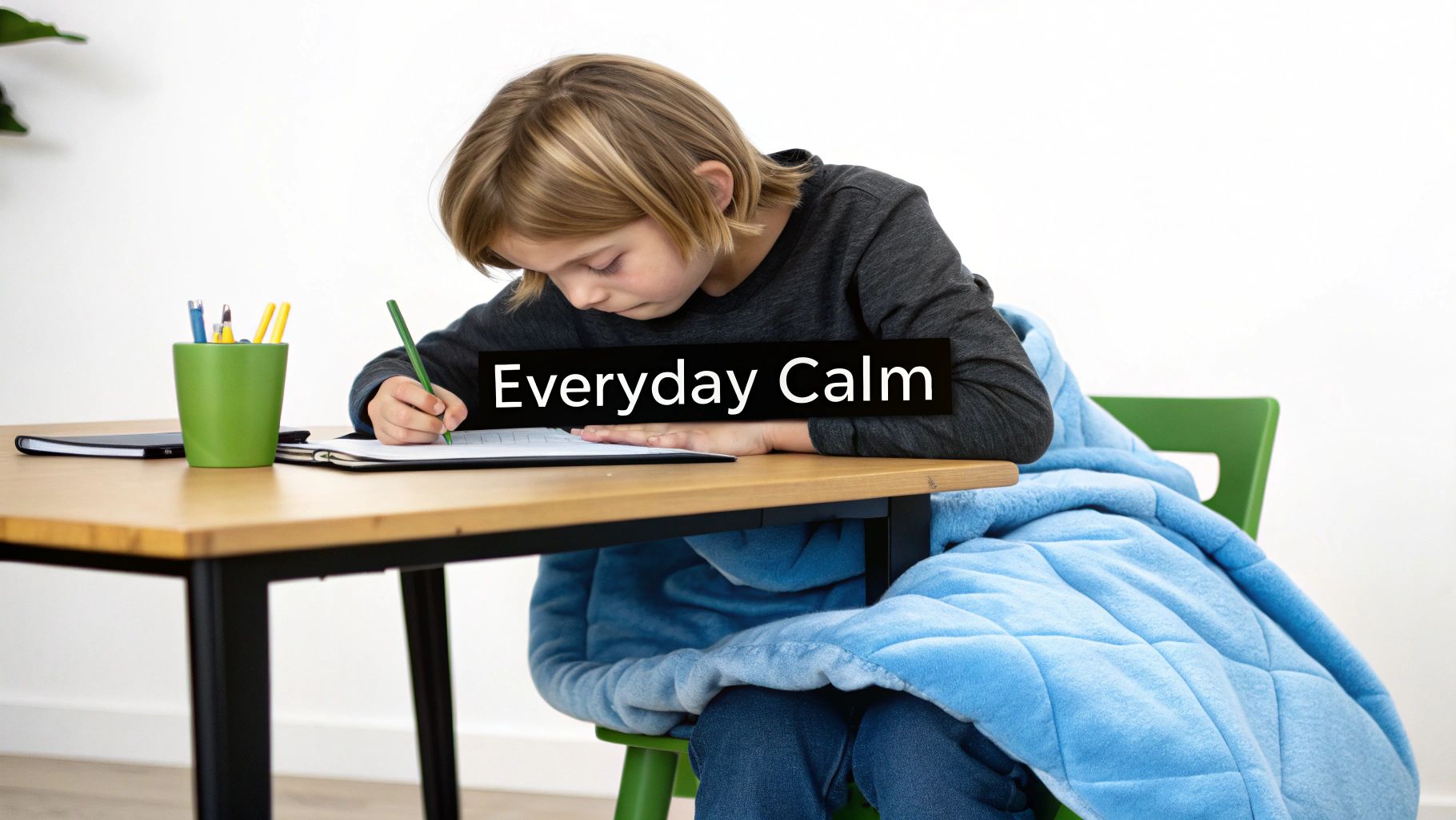A focused child writes diligently at a wooden desk, comfortably wrapped in a blue weighted blanket, promoting calm.