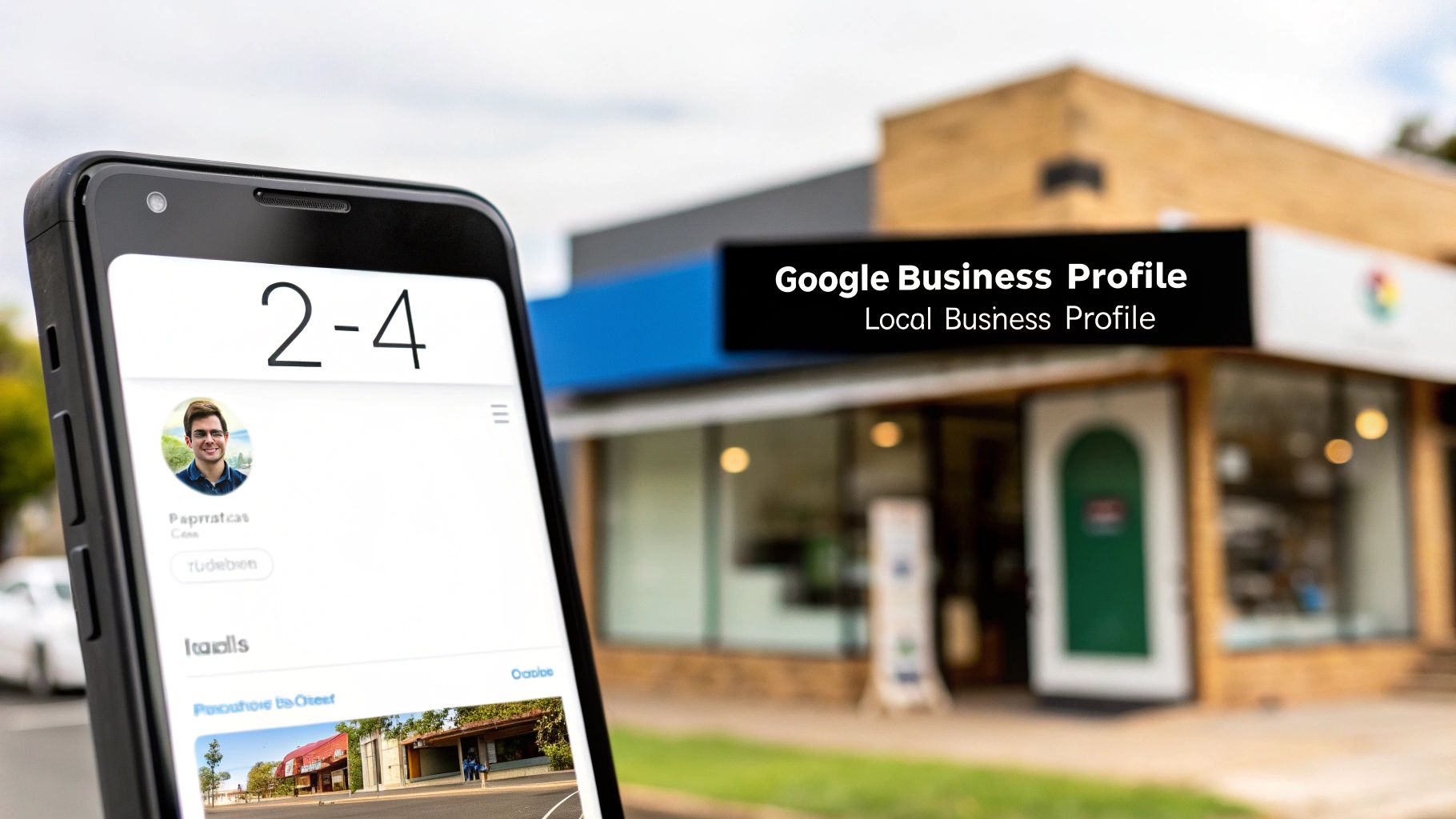 A smartphone displays a Google Business Profile in front of a blurred storefront building.