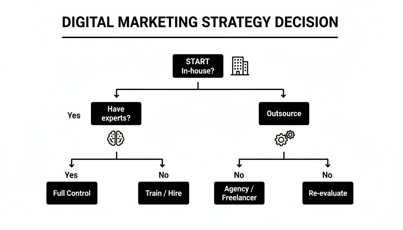 A digital marketing strategy decision flowchart showing paths for in-house expertise or outsourcing options.
