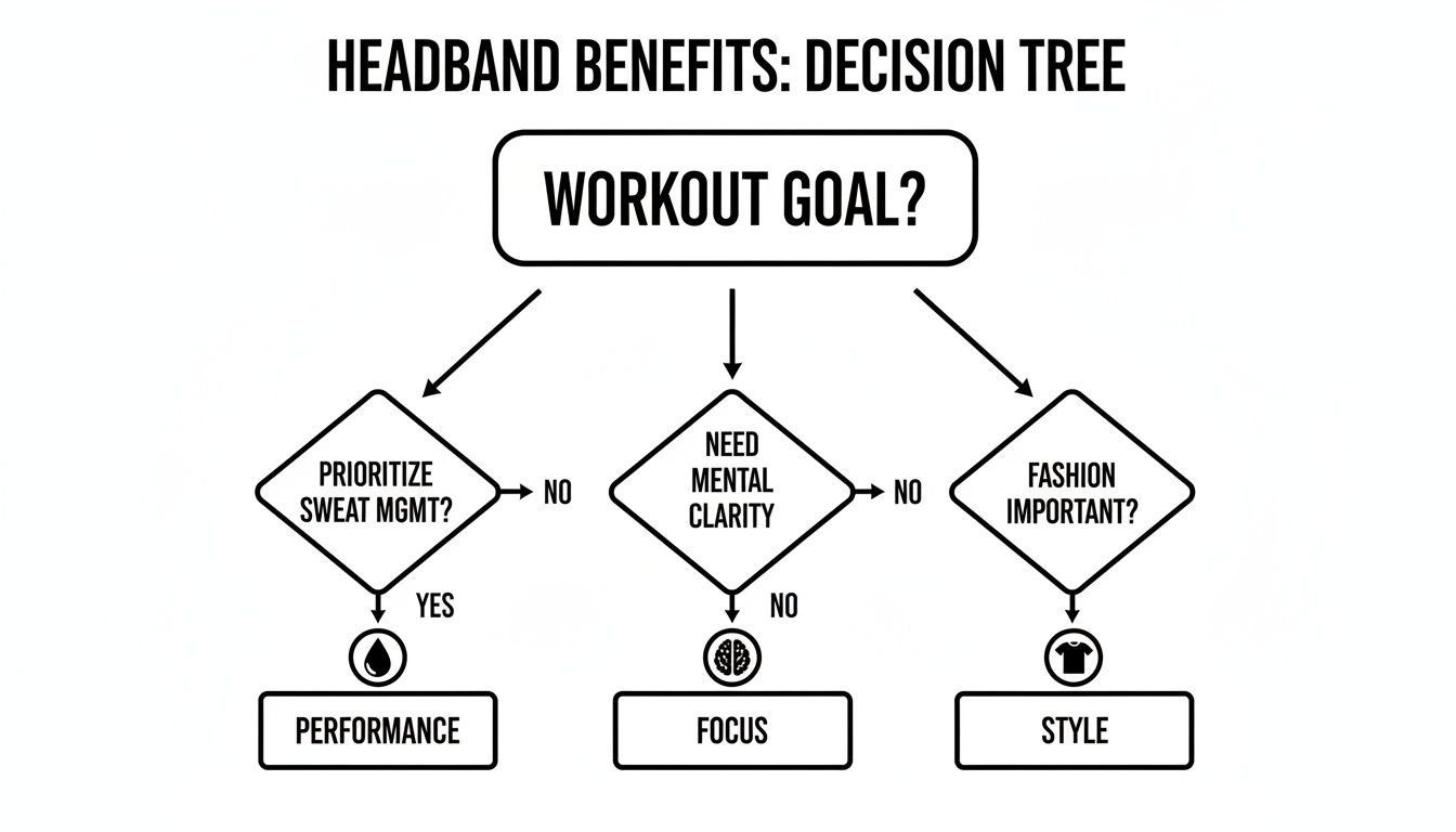 A decision tree illustrating headband benefits based on workout goals, leading to performance, focus, or style.