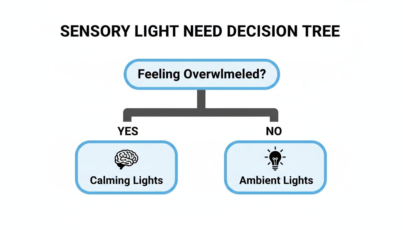 A decision tree for sensory light needs: if feeling overwhelmed, choose calming lights; otherwise, opt for ambient lights.