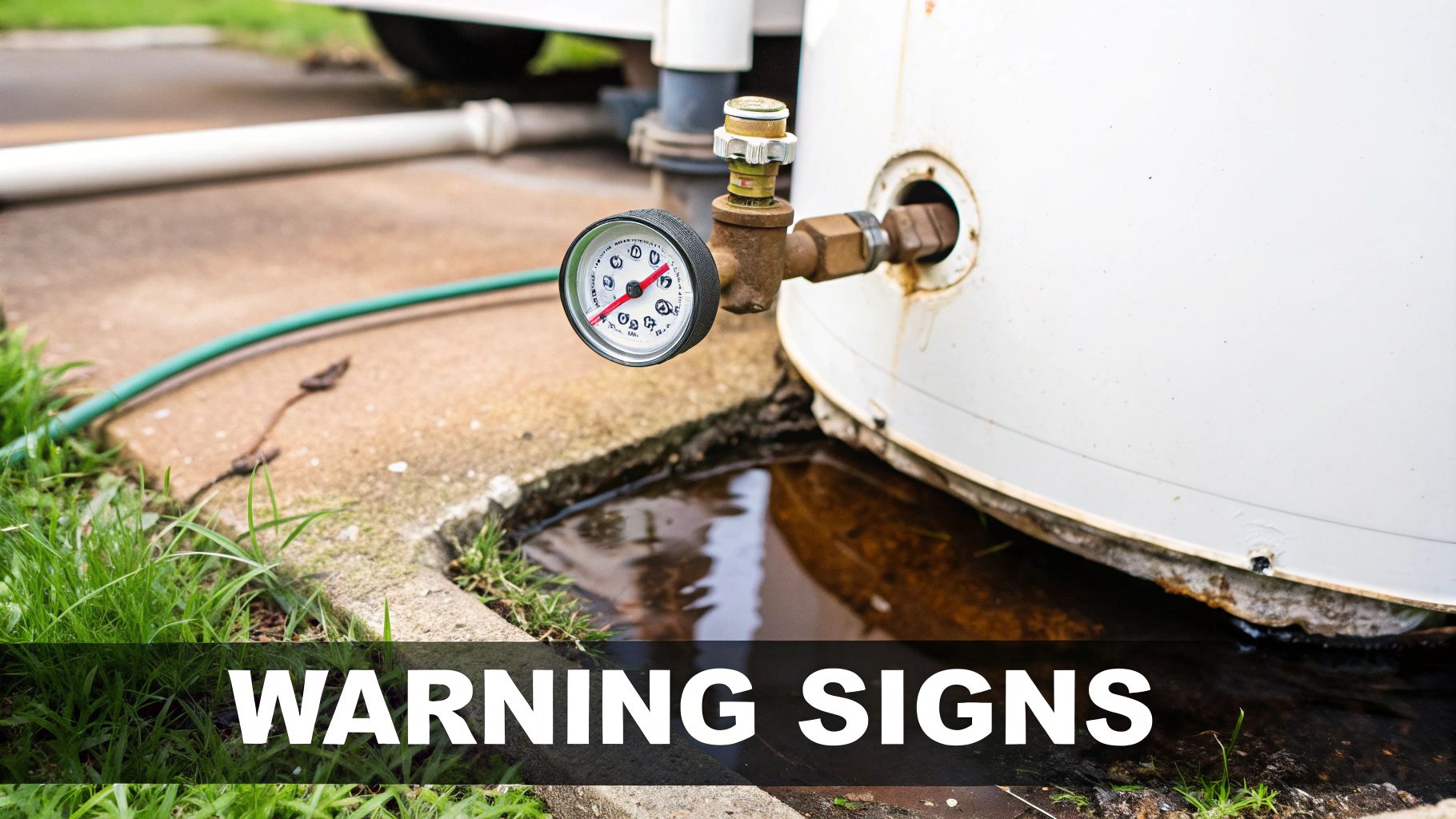 An outdoor hot water heater with a pressure gauge shows a puddle and corrosion, indicating warning signs.