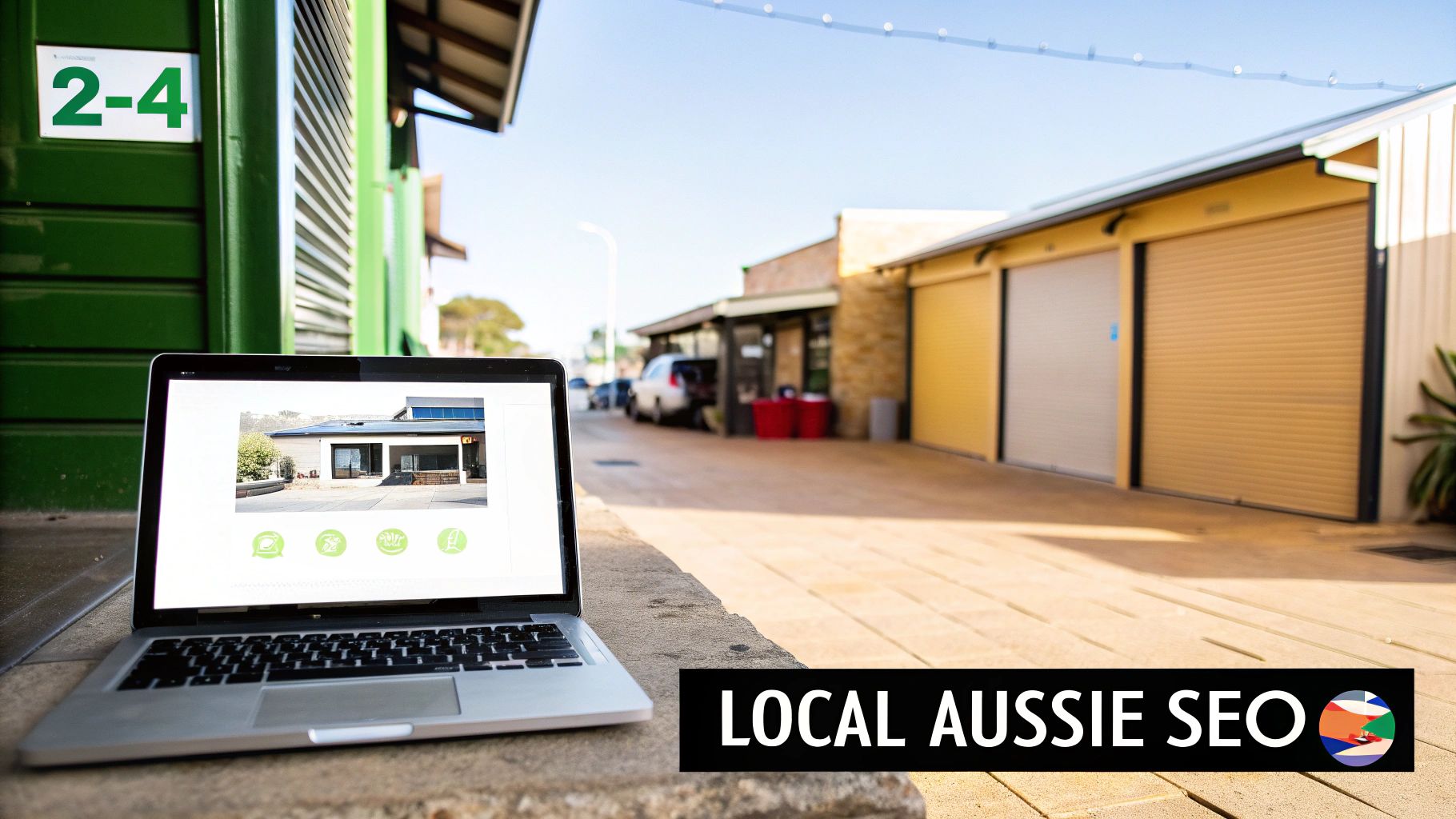 A silver laptop displaying a house photo and icons, on a sunny street with businesses and 'LOCAL AUSSIE SEO' branding.