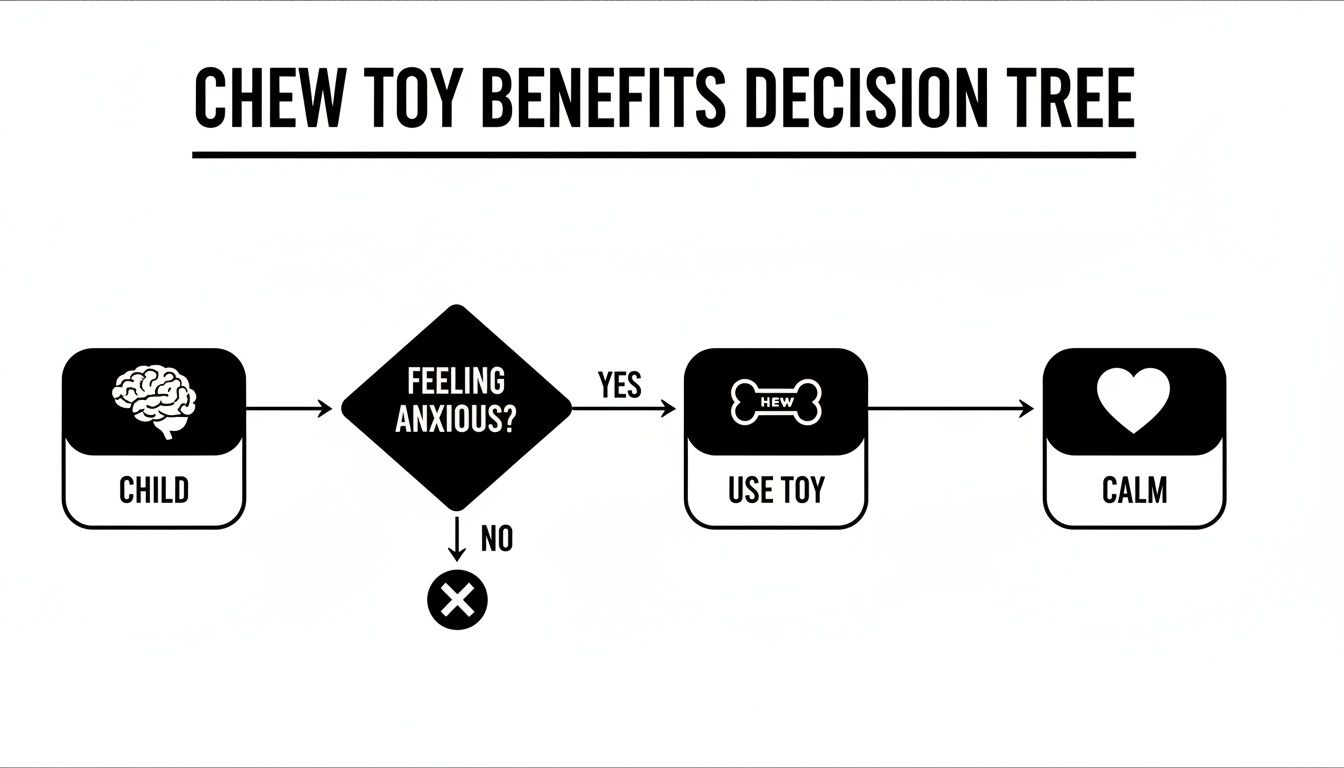 A decision tree illustrating how chew toys help a child become calm when feeling anxious.