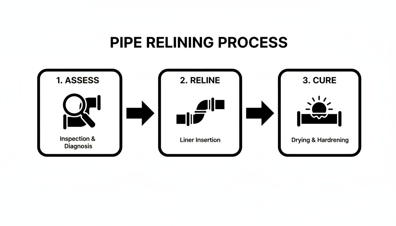 Infographic detailing the 3-step pipe relining process: assessment, relining, and curing stages.